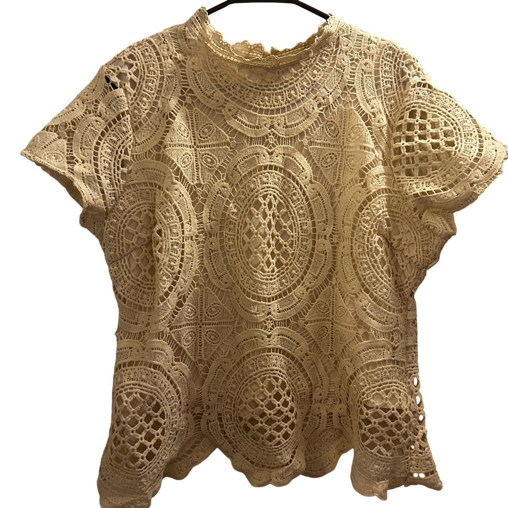 Ultra Pink Cream Crochet Lace Boho Mock Neck‎ Blouse XL Cottagecore Scalloped